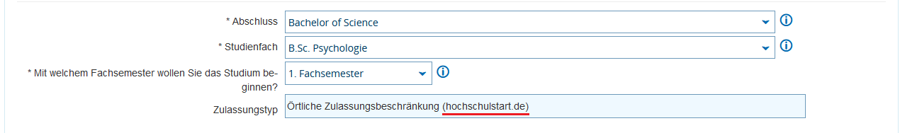 Antrag mit zulassungsbeschränktem Fach, dass über Hochschulstart koordiniert wird