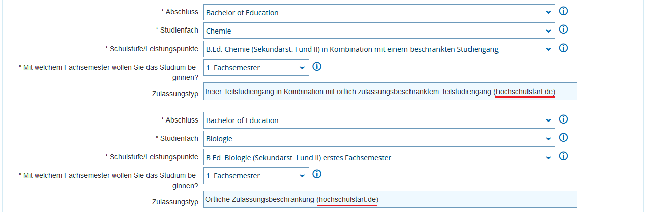 Antrag mit einem zulassungsbeschränkten Teilstudiengang