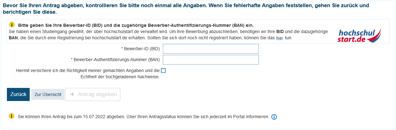 Ansicht der Eingabemöglichkeit von BID und BAN bei der Antragsabgabe