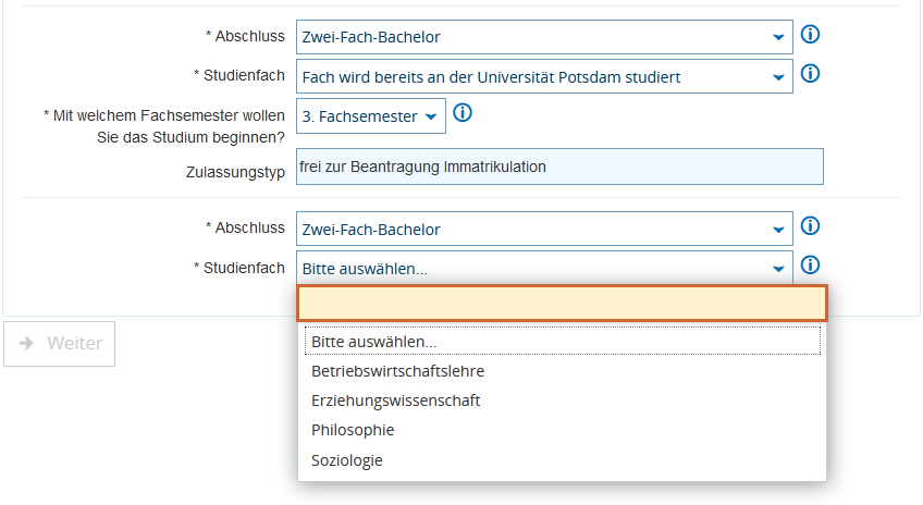 Zweitfachauswahl beim Zweitfachwechsel für Zwei-Fach-Bachelor