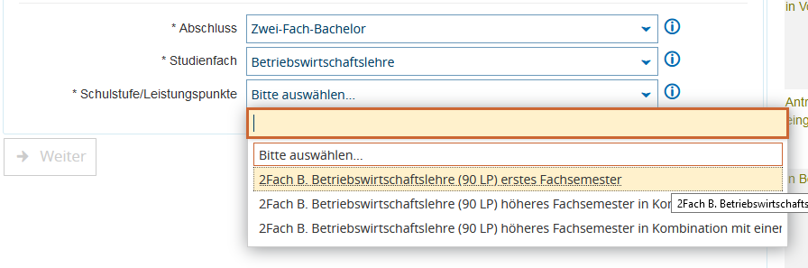 Erstfachauswahl beim Erstfachwechsel für Zwei-Fach-Bachelor