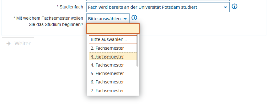 Fachsemesterauswahl für das Zweitfach beim Erstfachwechsel für Zwei-Fach-Bachelor