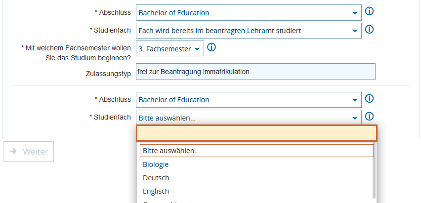 Zweitfachauswahl beim Zweitfachwechsel für  Bachelor of Education