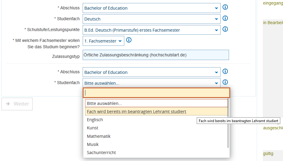 Zweitfachauswahl beim Erstfachwechsel für Bachelor of Education