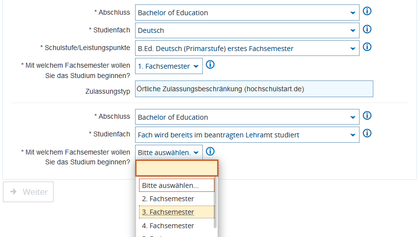 Fachsemesterauswahl für das Zweitfach beim Erstfachwechsel für Bachelor of Education